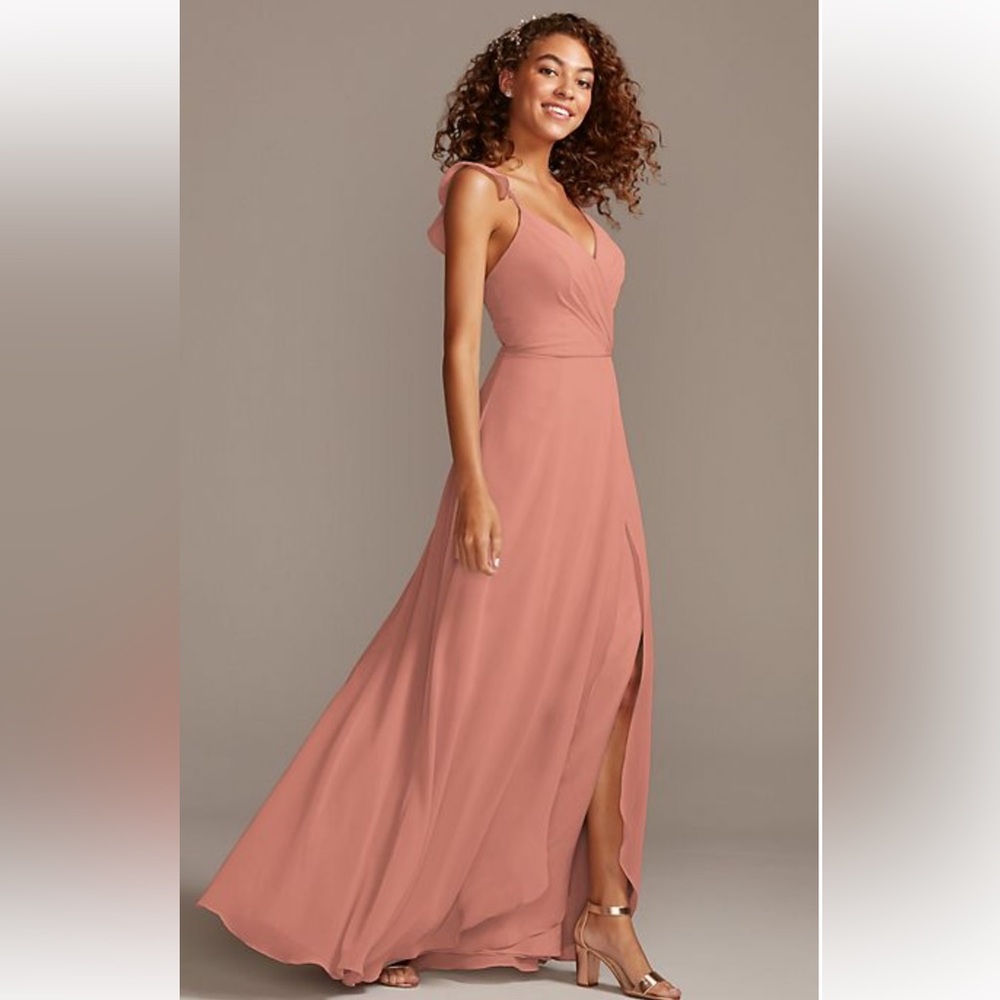 David’s Bridal Desert Coral ruffle spaghetti strap chiffon bridesmaid dress